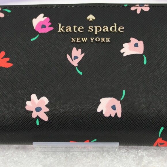 Kate Spade New York Floral Continental Wallet Black Saffiano Leather Zip ID Card - Picture 1 of 7